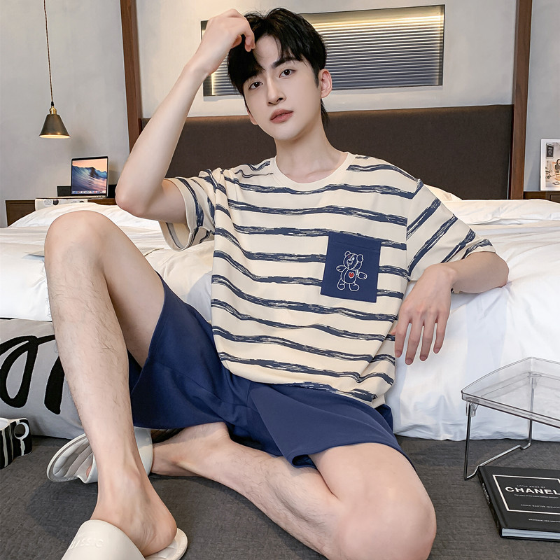 100% Pure Cotton Pajamas for Men, Summer Short-Sleeved Cartoon Stripes, Loose Fit for Teenagers, Large Size, Can Be Worn Outside, Home Wear Set