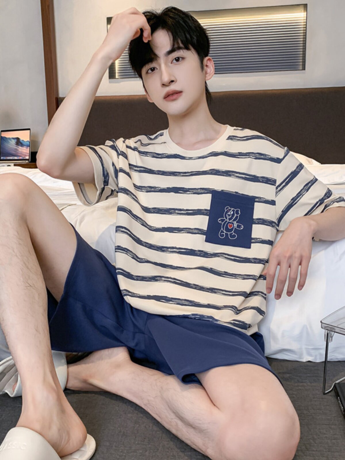 Men's Cotton Pajama Set | Short Sleeve Summer Sleepwear | Cartoon Striped Loose Fit Loungewear | Teens & Adults S-XXL