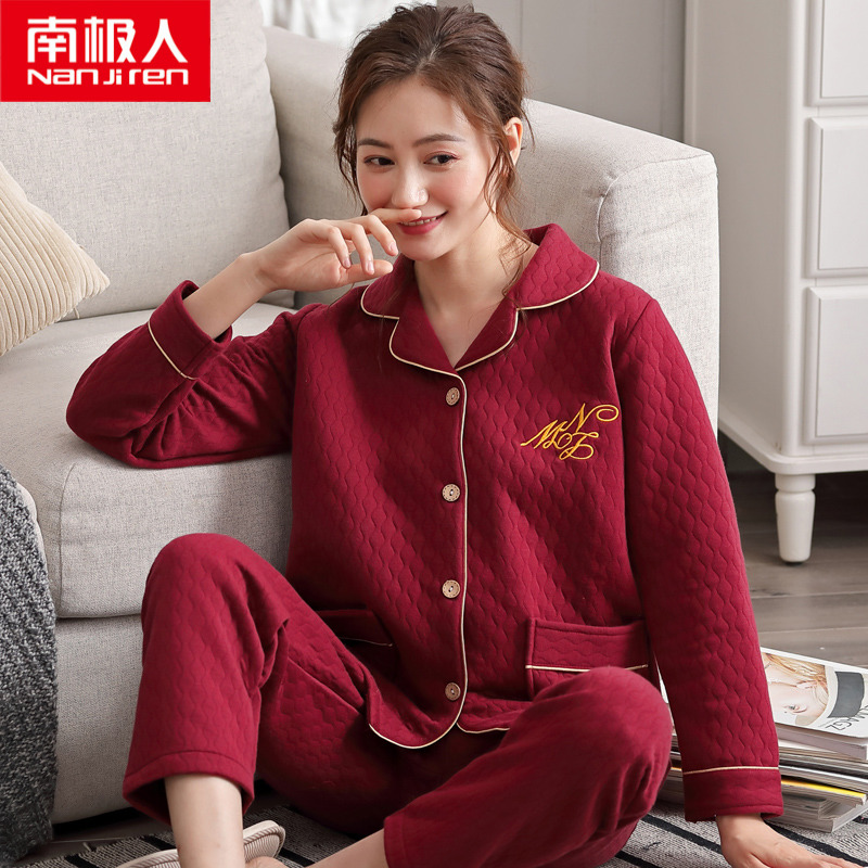 Autumn and winter pure cotton sandwich pajamas for middle-aged and elderly mothers long-sleeved thickened thin quilted plus size red home clothes