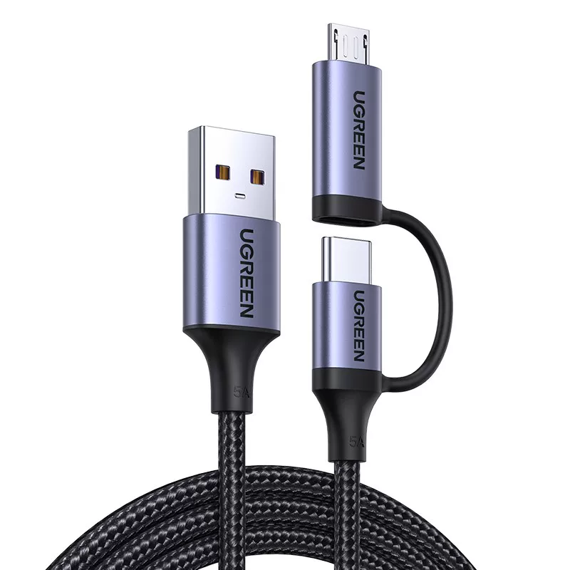 Кабель для передачи данных UGREEN два в одном type-C и micro USB для Android, один к двум, быстрая зарядка, кабель питания для Honor Huawei, type-C+micro, данные кабель 6A на 1 метр