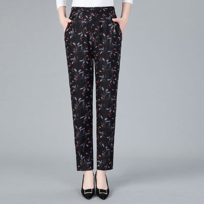 中老年女裤直筒长裤春秋新款妈妈弹力印花裤子老人高腰奶奶休闲裤