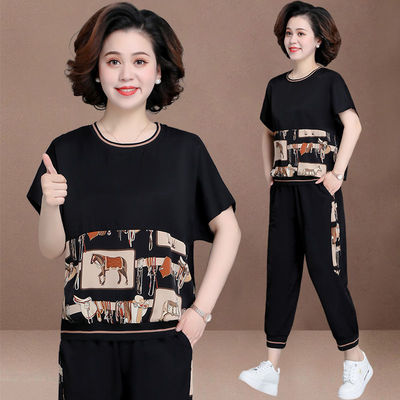 中年妈妈夏装短袖t恤2021夏季新款休闲洋气时尚中老年女装两件套