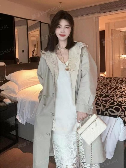 拼色蕾丝假两件风衣外套女2025早春新款连帽中长款上衣欧洲站潮q