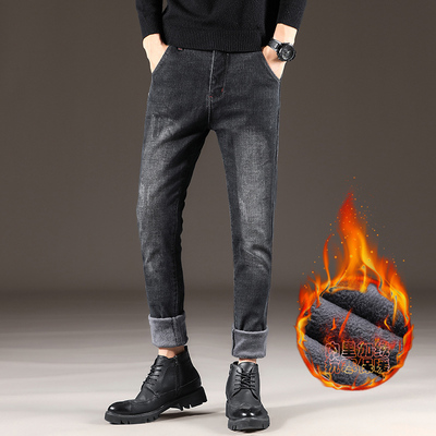 北极绒男款牛仔裤加绒加厚黑灰色