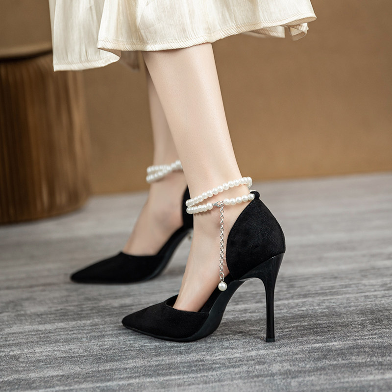 2026 Spring New Arrival Pointed Toe Pearl High Heels, Stiletto Heel, Low Mouth, Suede, Versatile Single Shoes, Feminine, One-Strap Buckle