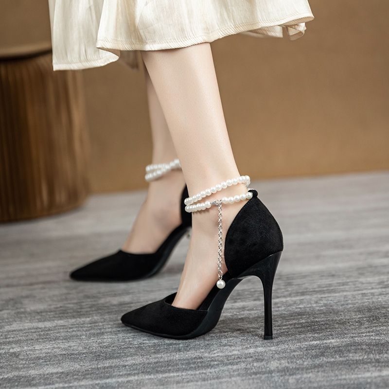 2026 Spring New Pointed-Toe Pearl High Heels Stiletto Shallow Suede Versatile Single Shoes Feminine One-Strap Buckle