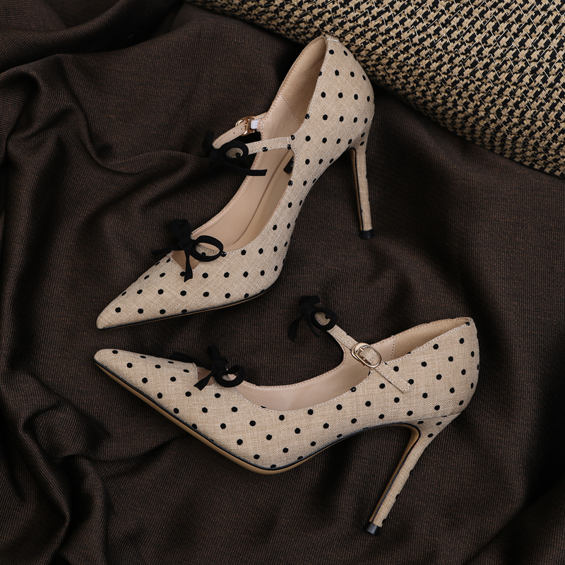 French-Style Polka Dot Bow Hepburn-Style Pointed Toe Stiletto High Heels for Women 2026 Gentle and Elegant Single Strap Shoes
