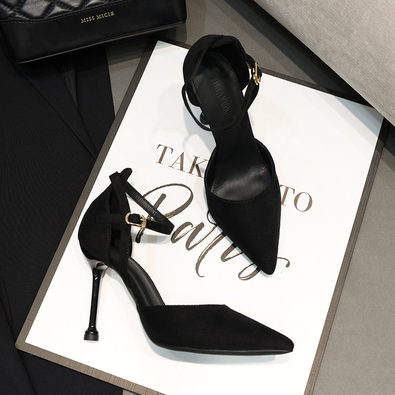 2026 Spring New Arrival 10cm Versatile One-Strap Pointed Toe Black Open-Toe High Heels for Women, Sexy Stiletto Heel