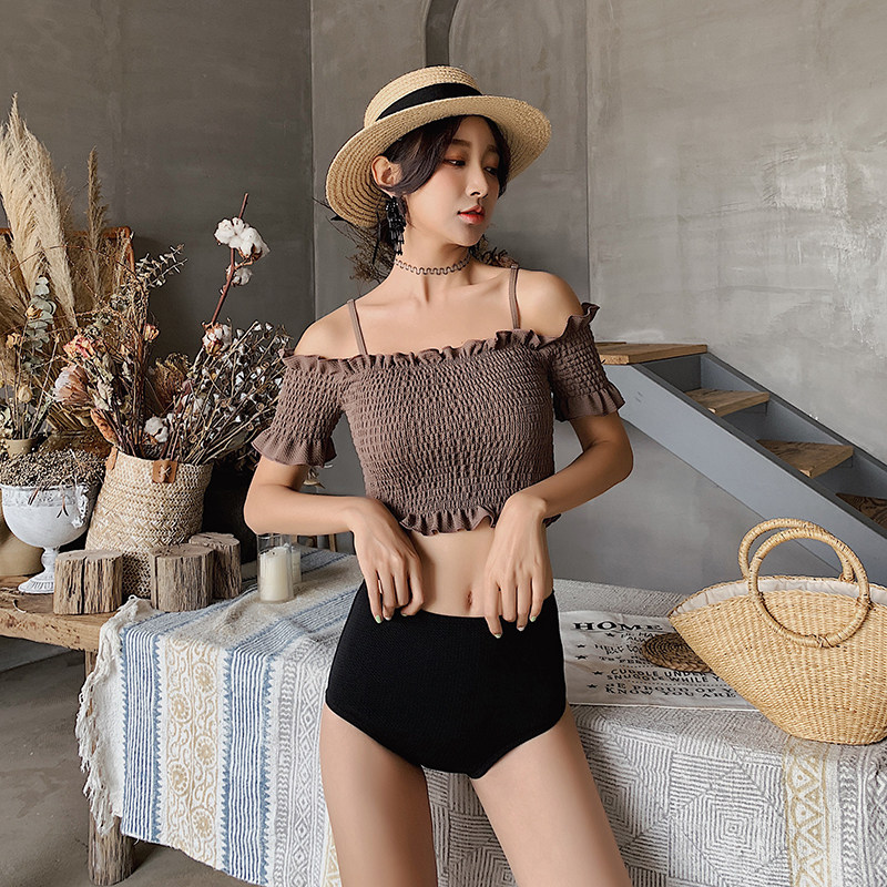 South Korea's new high-waist bathing suit retro-lined with shoulder agaric side Two-style sexy bikini conservative student swimsuit