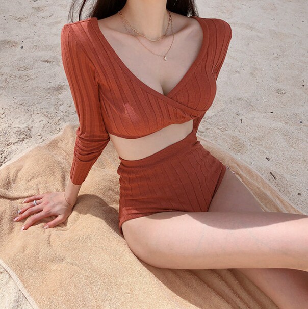 2022 New Sexy Long Sleeve High Waist Bikini Swimsuit Lady Sunscreen Conservative Student Holiday Veil slim swimming