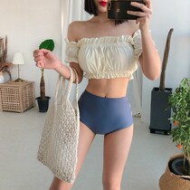 2021 Korean sexy shoulder split bikini swimsuit women high waist Belly Belly small chest gather student Hot Spring