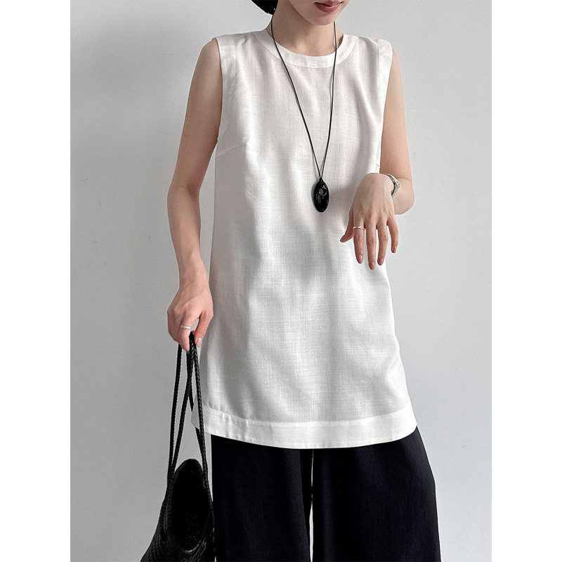 White Tencel Linen Mid-Length Sleeveless Shirt with Back Buttons, Covering the Hips, Women's Cropped Sleeveless Top in Old Money Style