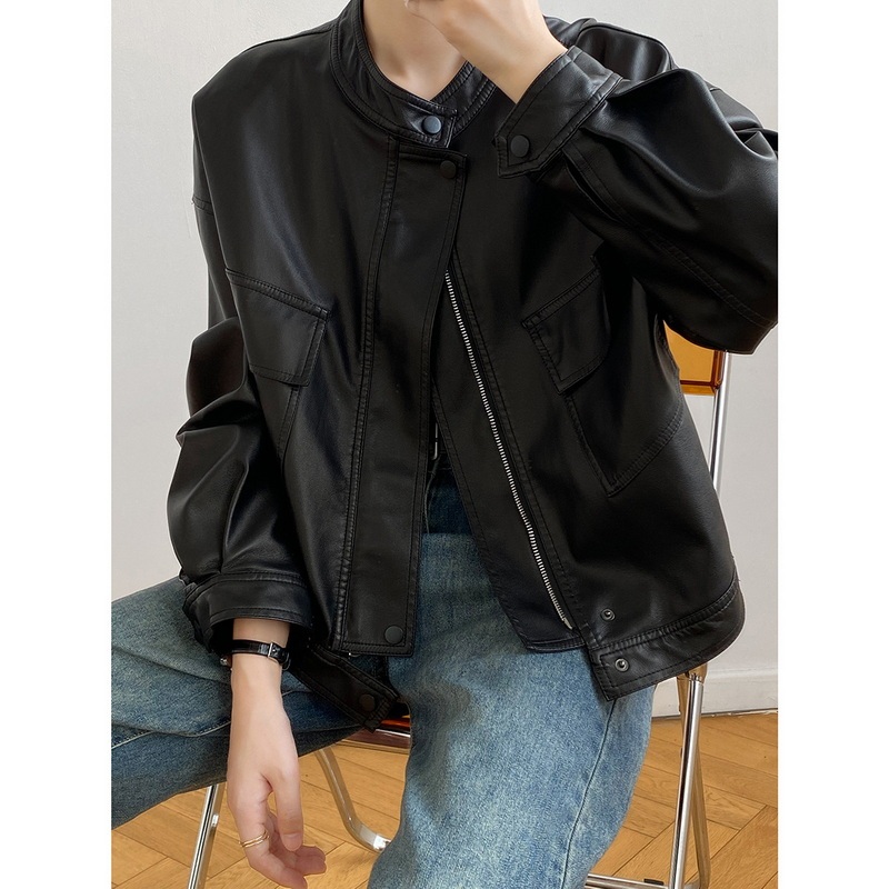 Collarless Spring and Autumn New Short Leather Jacket for Women 2026 Oversize European Style Popular Biker Jacket Collarless Spring and Autumn New Short Leather Jacket for Women 2026 Oversize European Style Popular Biker Jacket