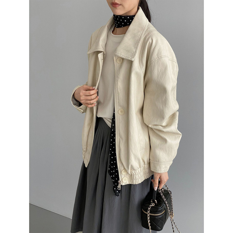 Protein Leather Jacket for Women, High-End Light-Colored Japanese Style, Popular European Style Motorcycle Jacket for Spring and Autumn 2026