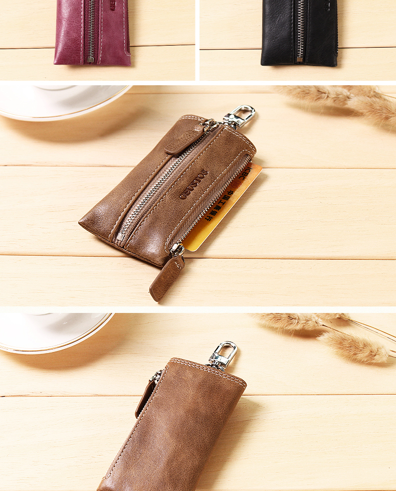 Geustos Men Lớp đầu tiên Da Zipper Cặp đôi Túi khóa Da Retro Phụ nữ Ví tiền túi đựng chìa khóa xe