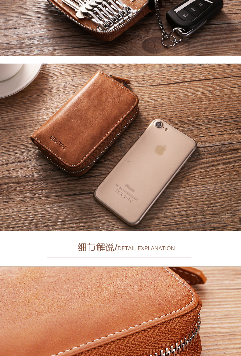 Túi chìa khóa của nam giới công suất lớn da retro dây kéo đa chức năng chìa khóa xe baotou lớp da bò của phụ nữ kẹp chìa khóa