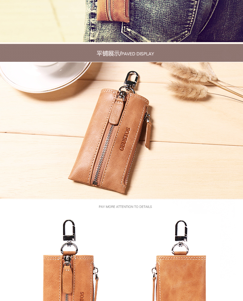 Geustos Men Lớp đầu tiên Da Zipper Cặp đôi Túi khóa Da Retro Phụ nữ Ví tiền túi đựng chìa khóa xe