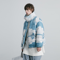 EKCOOKIES original designer Sky City full print niche deconstructed stand-up collar down jacket oversize