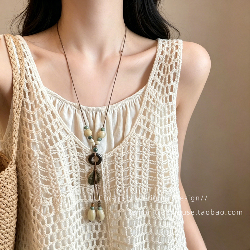 Ancient Style Ceramic Pendant Necklace for Women, New Chinese Style, Retro Long Lanyard Sweater Chain, Ethnic Style Accessories Decoration
