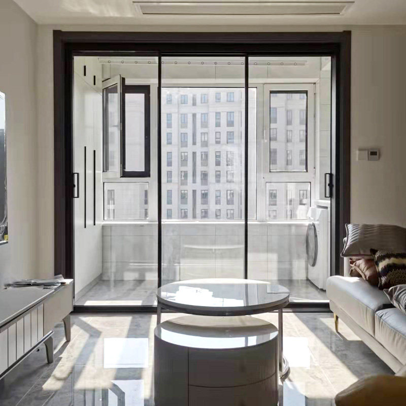 Three new gold Luer partition Ramen Balcony Titanium Magnesium Alloy Three Rail Moving Doors Hollow Double Tempered Glass