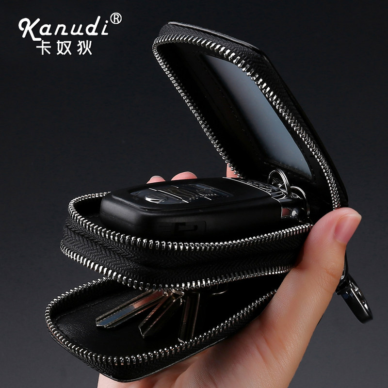 Real Cow Leather Car Key Bag Large Capacity Pull Chain Male And Female Waist Hanging Home Key Bag Button Car Versatile Multifunction