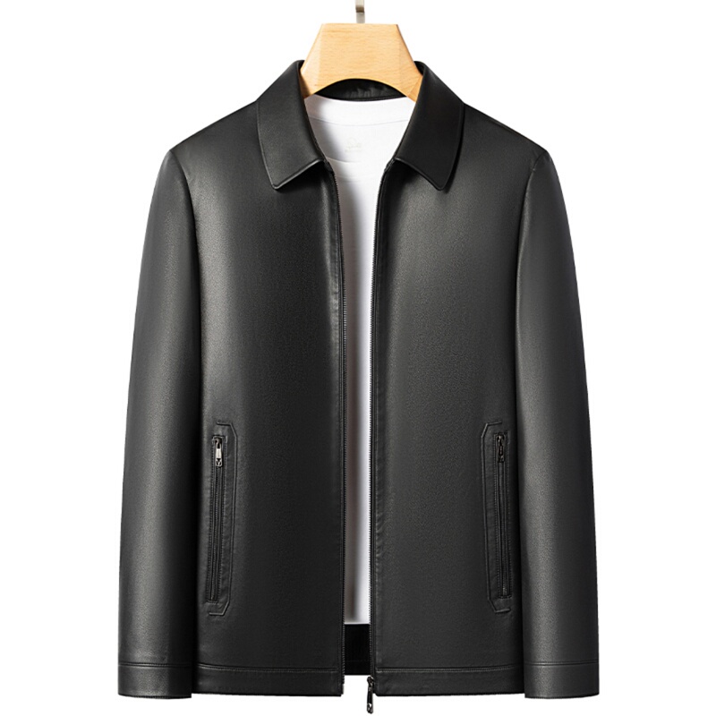 Haining Sheepskin Genuine Leather Jacket for Men, Spring and Autumn, Fleece-Lined, Loose-Fitting Leather Jacket, Middle-Aged and Elderly Men's Turn-Down Collar Coat