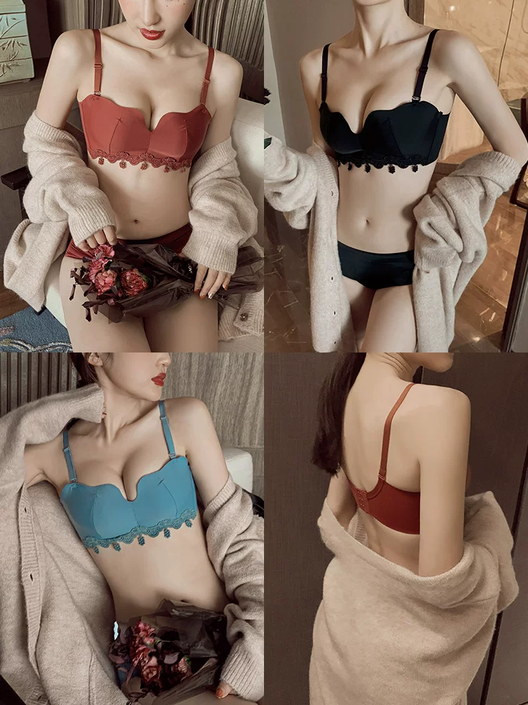 荷韵阁 Retro lace red push up bra, festive underwear, wireless bra, set, increased thickness