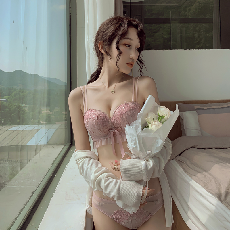 Heyunge Sexy Lace Small Breast Push-Up Bra Set Without Wires, Comfortable, Beautiful Back, Secondary Breast Adjustable Bra Set