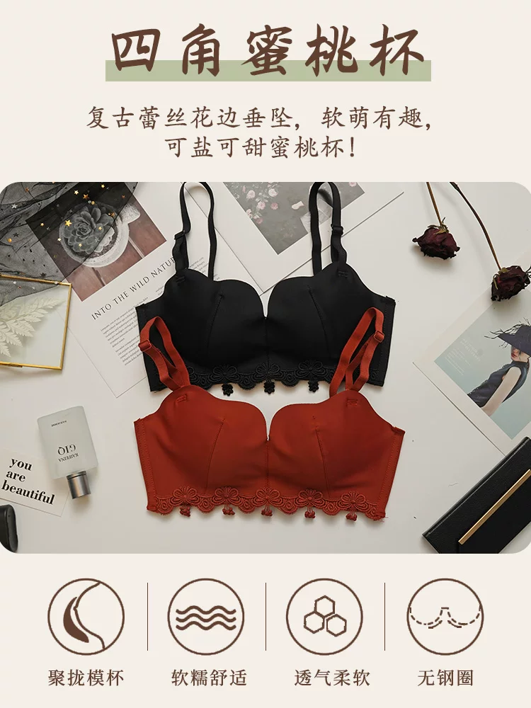 荷韵阁 Retro lace red push up bra, festive underwear, wireless bra, set, increased thickness