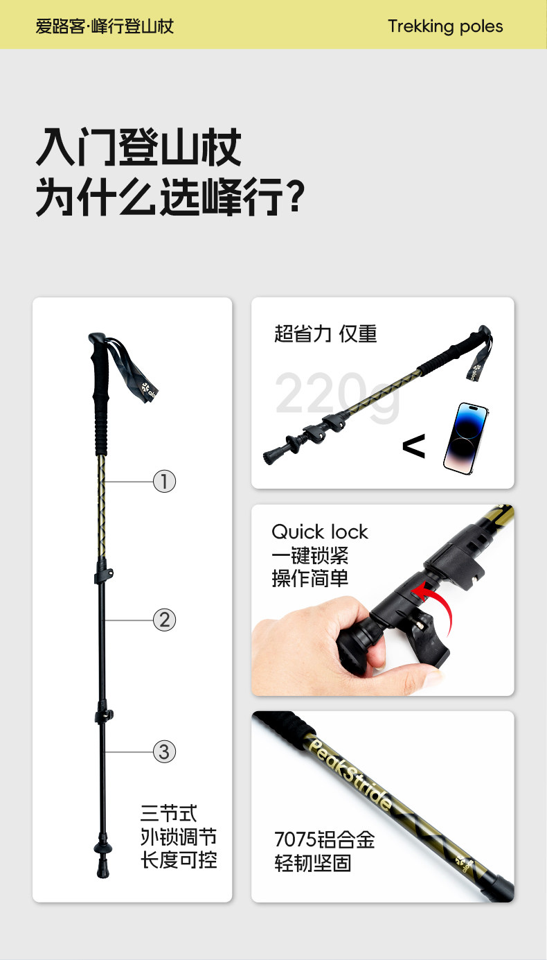 爱路客铝合金登山杖超轻折叠爬山徒步专业防滑装备男女款手杖户外-宁波开普乐户外科技有限公司