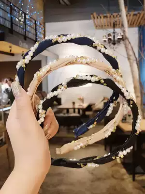 Hairband female pearl hair hoop headgear pressure hair bundle hairclip Korean winter hairclip broken hair retro autumn winter hair band Net Red