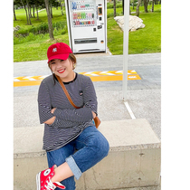 Muzi ideal black and white stripes fat mm large size base shirt women loose knit long sleeve elbow crack T-shirt 200kg