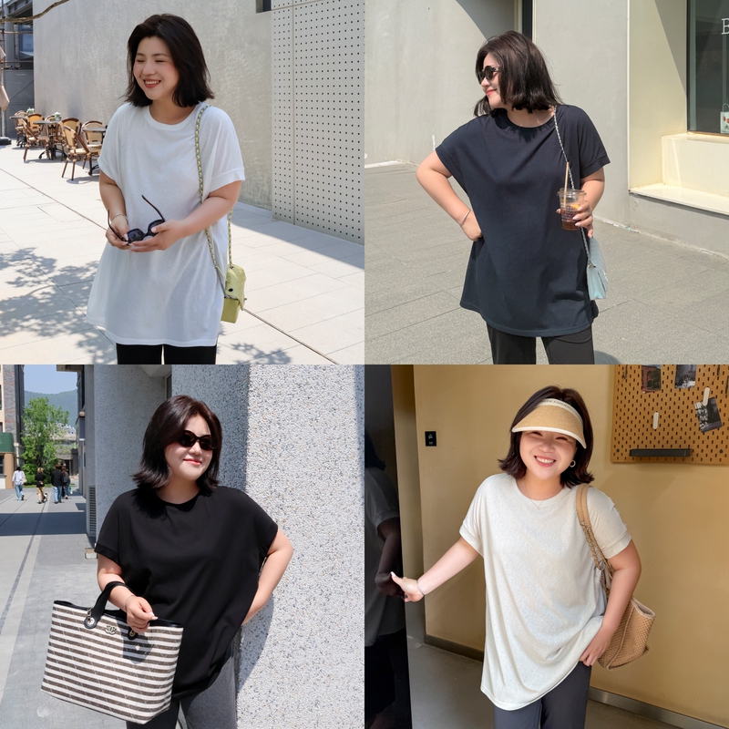 Muzi Ideal Plus Size Minimalist Short Sleeve T-Shirt for Women, H-Line Loose Fit, Slimming, Mid-Length, Lazy Style Top