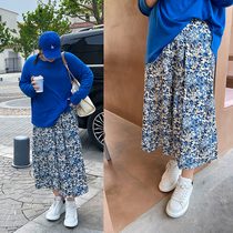 Muzi ideal size blue flower skirt female fat mm floral autumn elastic high waist long skirt 200kg