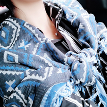 Retro ethnic style blue geometric quadrilateral tassel cotton linen scarf literature and art Fan Suya shawl scarf female