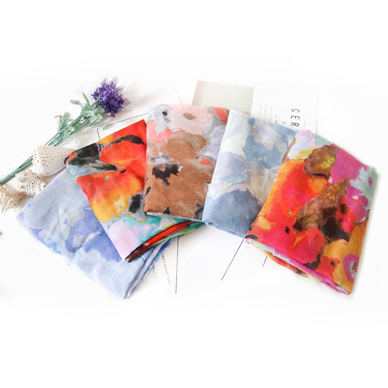 Export original single foreign trade spring and summer air-conditioned room travel wind thin cotton scarf shawl oil painting gradient elegant gorgeous flowers