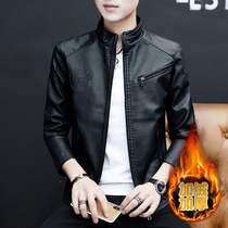 Winter leather men velvet thickened stand collar leather jacket jacket Autumn and winter Korean version of the trend handsome PU leather jacket shirt