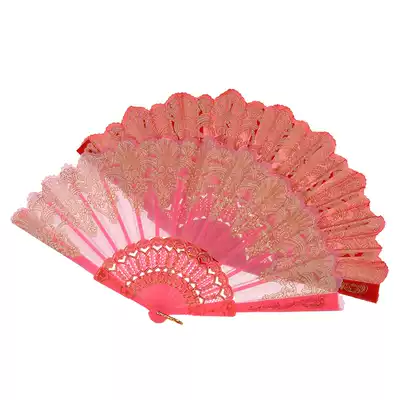 Folding fan Plastic color pole folding fan European style women's elegant romantic exquisite printing festive dance props fan