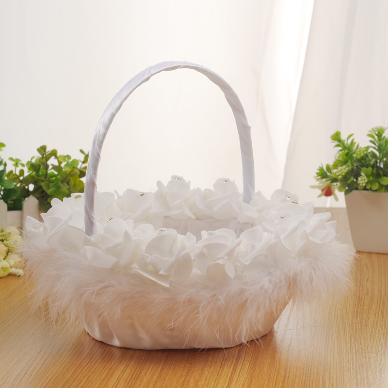 Wedding Celebration Flower Basket Lace Ostrich Fur Romantic Gift Instrument Flowers Child Hand Basket Princess Bridesmaid Festive Home Decoration Blue Son