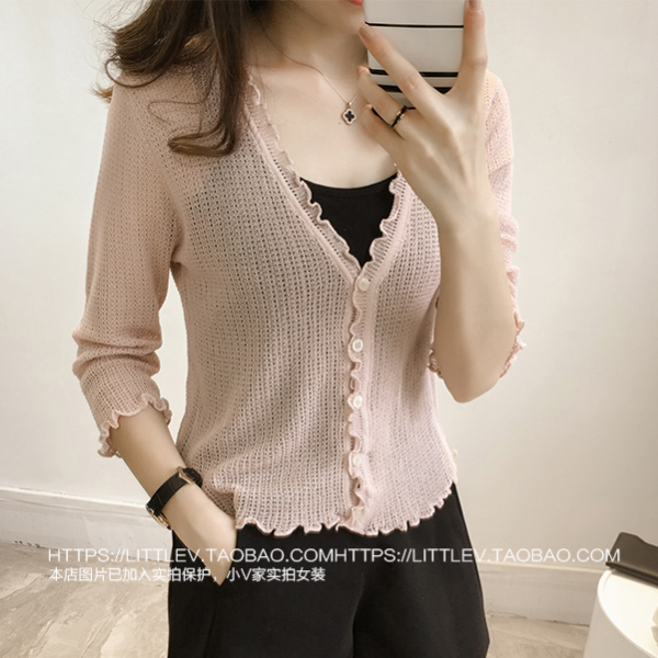 Ice silk jacket women's thin cardigan hollowed out small shawl sunscreen outside the summer short three-quarter sleeve air-conditioning shirt all-match