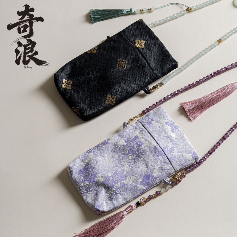 Qilang New Chinese Style Brocade Phone Bag, National Style Tassel Crossbody Bag, Retro Hanfu Portable Coin Pouch