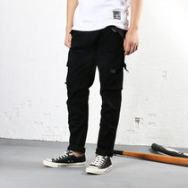 Summer mens overalls multi-pocket casual straight thin pants teenagers elastic waist popular slim feet long pants