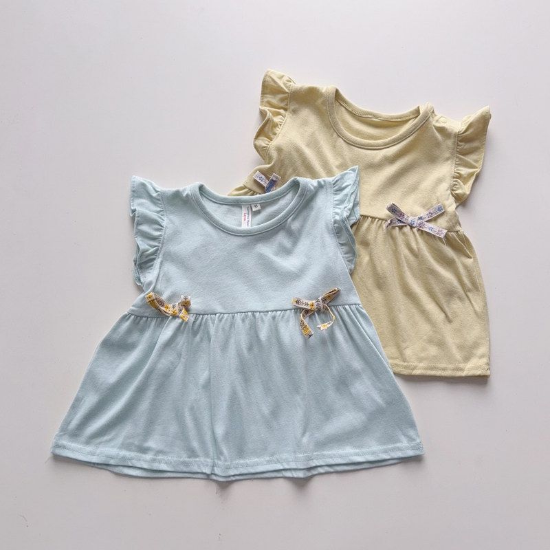 Japanese Style Sm2 Mori Style 80-130 Girls' Flutter Sleeve T-Shirt Baby Bow Doll Shirt Children's Summer Clothing