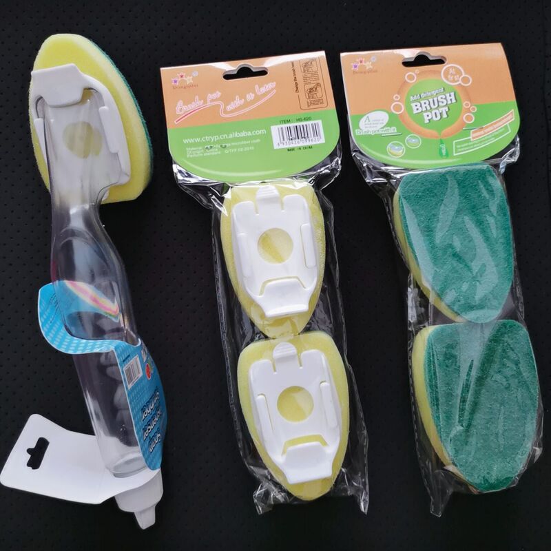 Long-Handled Pot Brush, Kitchen Sponge Cleaning Brush, Does Not Hurt Hands, Powerful Decontamination Cleaning Brush, Liquid-Added Pot Brush, Comes with 4 Replacement Heads