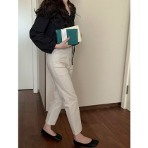 thxgivying pure color sashimi jeans women fall new port wind retro straight drum high waist 90% pants 15132