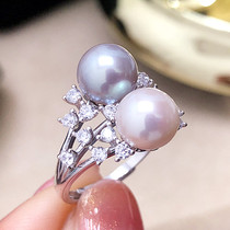 Full drill Temperament Grey Twin Beads FRESH WATER PEARL RING PURE SILVER FEMALE POSITIVE ROUND FLAWLESS SILVER GRAY BLUE COMPARED TO AKOYA