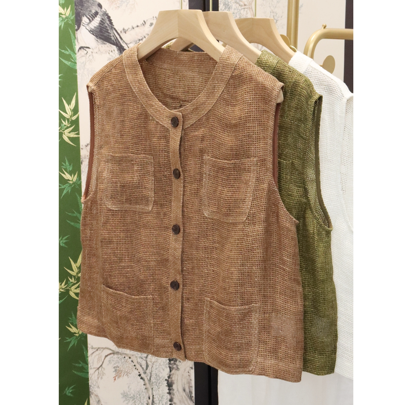 Casual Style Linen Vest for Women, Round Neck, Sleeveless, Breathable, Versatile Buttoned Vest, Spring and Summer Outerwear