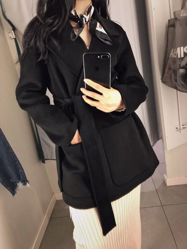 2022 winter new black woolen coat Korean version with belt mid-length small double-sided cashmere coat women - Taobao
