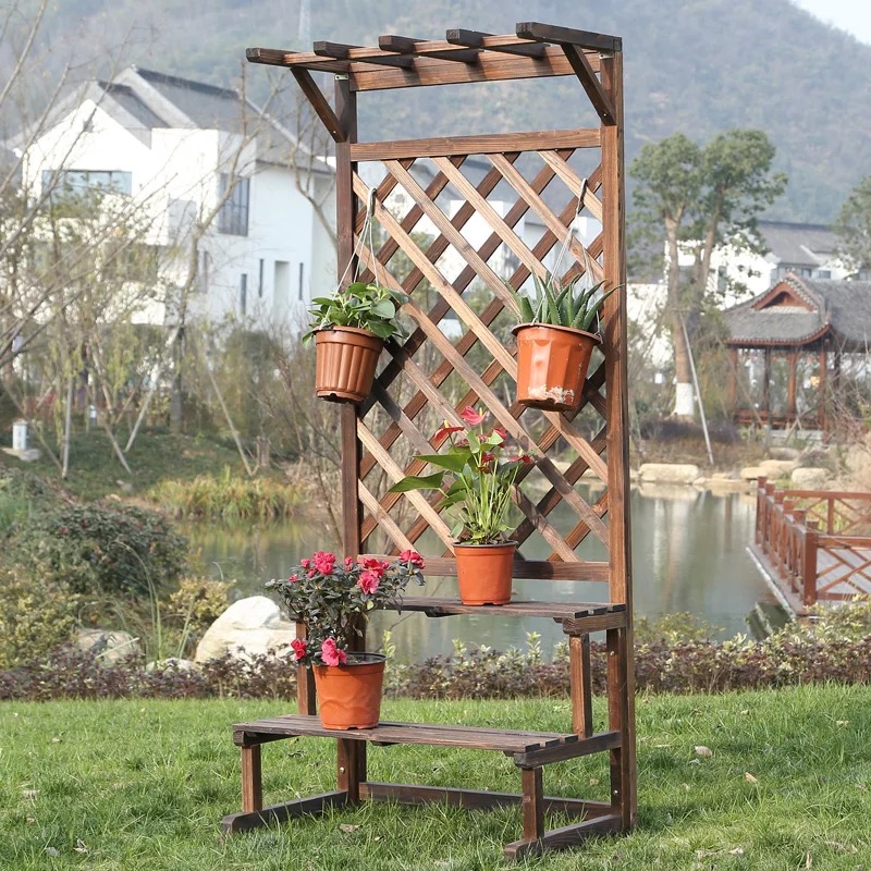 Multi-layer ladder flower stand assembly original anti-corrosion wood fir pastoral spider orchid climbing rattan grid floor-to-ceiling stairs storage multi-layer