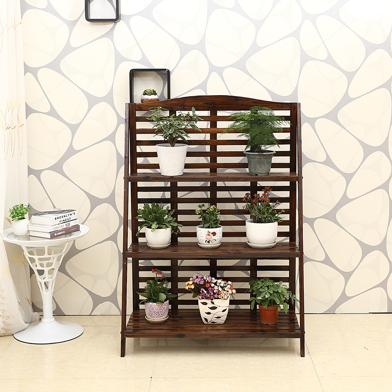 Solid wood three-story balcony floor-to-ceiling flower stand courtyard living room shelf carbonized anti-corrosion wood ladder backrest flower pot shelf